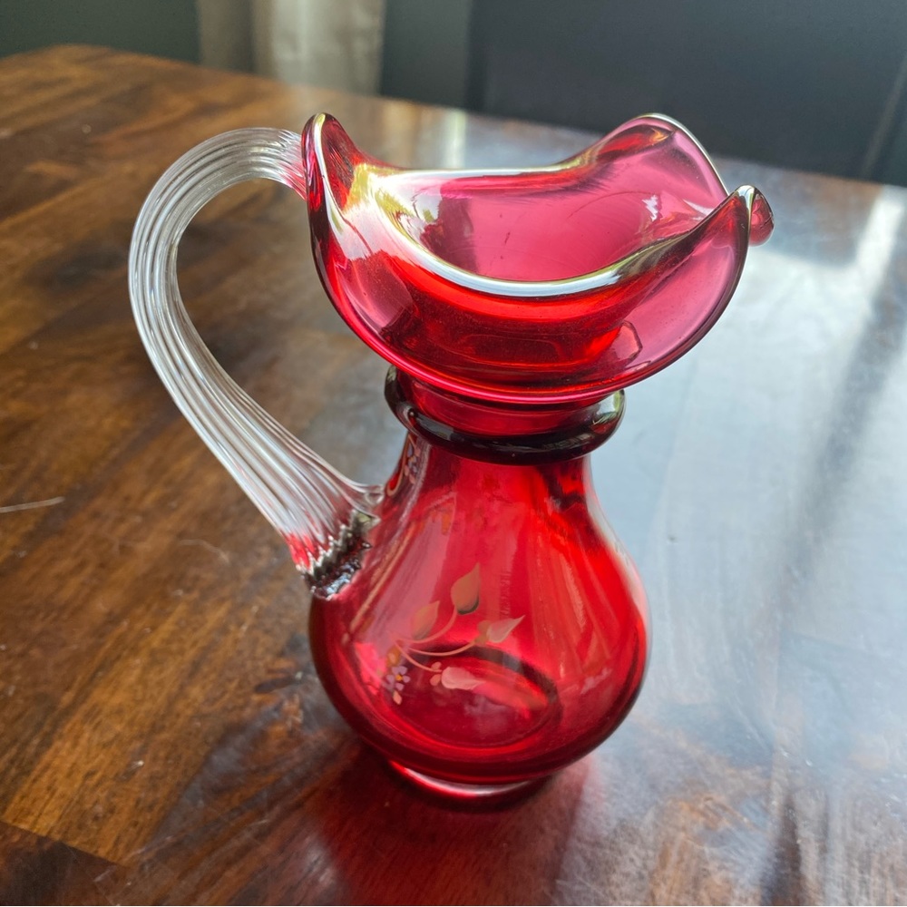 Fenton Glass Cranberry Red Pitcher signed by C. Smith